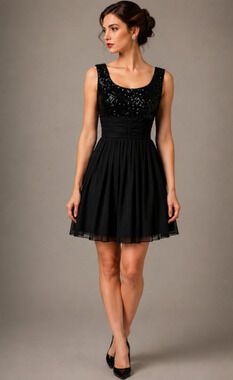 VTG 1950s-60s Women Black Silk Blend Sequin Fit Flare S Cocktail Party Dress LBD